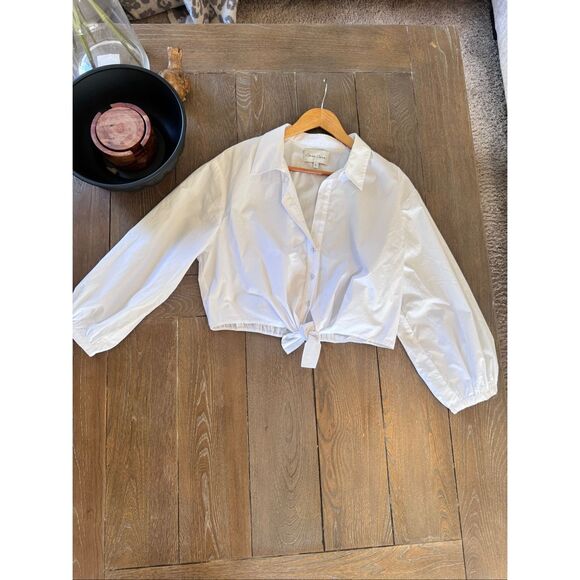 Cara Cara Rumson Top White Button Down Blouse with Tie Front Size Large - Picture 5 of 8